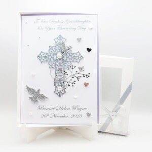 Tarjeta de bautizo/comunión personalizada de lujo hecha a mano con caja de regalo