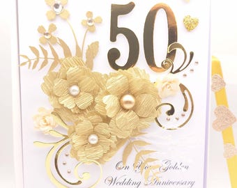 Handmade 3D Golden 50 Anniversary Card with Flowers | Personalised Wedding Gift Box