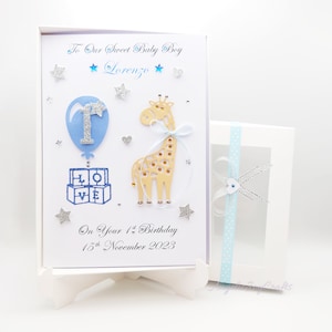 Handgemaakte gepersonaliseerde 1e verjaardagskaart jongen of meisje /ziraf, ballon, kubussen / alle leeftijden met GESCHENKVERPAKKING