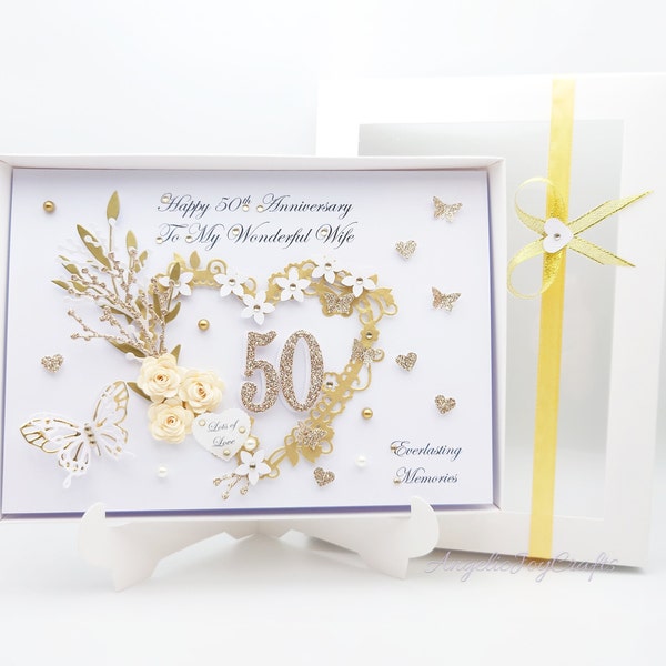 Carte d'anniversaire personnalisée 3D faite main / 50 ans / or / anniversaire avec boîte-cadeau