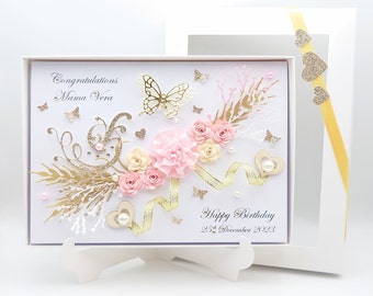 Handmade 3D Personalised Birthday 21-105 ages Mothers day Daughter Sister Card with GIFT BOX