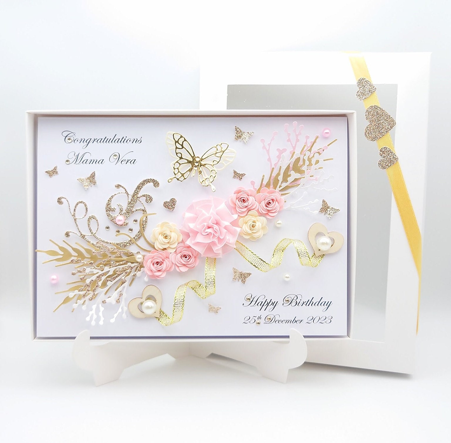 Biglietto di auguri di compleanno personalizzato con fiocchi rosa e ciliegie per figlia, nipote, sorella e nipote. - Italia