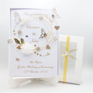 Carte personnalisée faite main 50/Or/Anniversaire/Carte de mariage avec boîte-cadeau