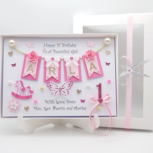 Handgemaakte gepersonaliseerde meisjesverjaardagskaart / nichtje dochter / alle leeftijden met GESCHENKVERPAKKING