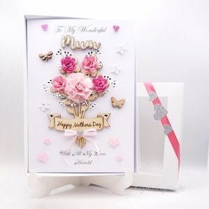 Handgefertigte personalisierte 3D Karte mit Holzblumen & eingraviertem Namen - mit Geschenkbox - Muttertag - Geburtstag