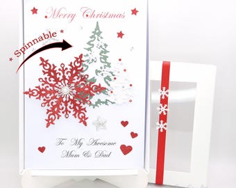 Handmade Personalised Luxury 3D Christmas Card with Spinnable Snowflake + GIFT BOX