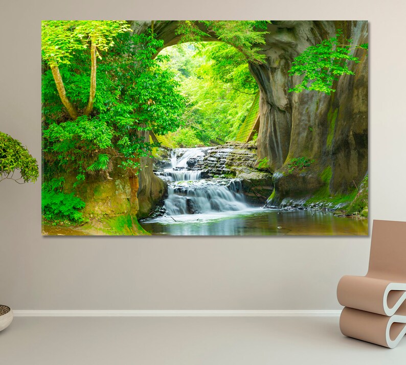 Nature Wall Art Waterfall Decor Trees Large Forest Artwork Mountains Print