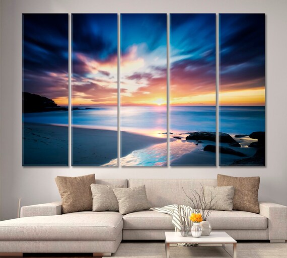 Canvas wall art Sunset Beach Blue Waves Ocean Art Large Modern Artwork Canvas...