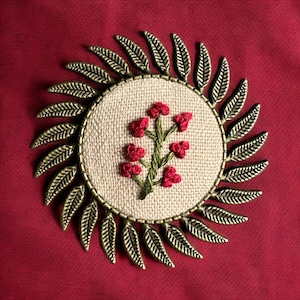 Hand Embroidered Brooch on Linen - Botanical Pin with Bronze Leaf Frame - Nature Inspired Jewelry - Gift for Her