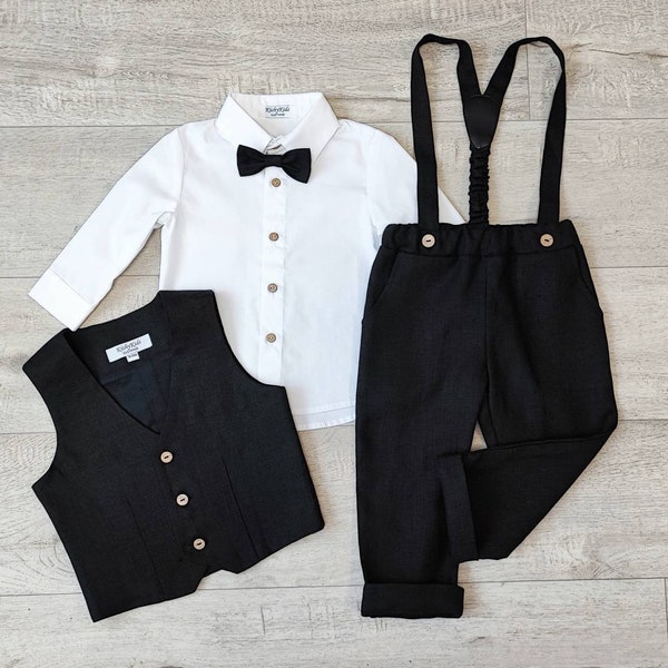 Ensemble costume noir pour bébé garçon, pantalon de baptême à bretelles, gilet, chemise