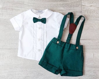 Boys forest green carrier shorts, page boy outfit a, cotton shirt, ring bearer outfit, blessing clothes