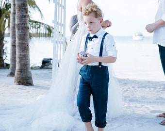 Conjunto de traje azul marino portador de anillo, pantalones portadores de lino para bebés, camisa para niños pequeños, traje de tirantes de bautismo