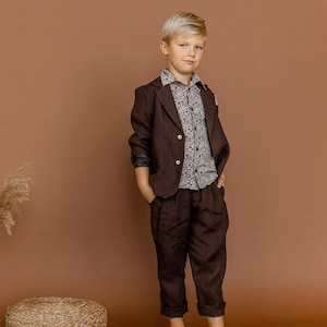 Boys linen jacket with chest pocket, Blazer for kids, Page boy linen blazer, ring bearer brown jacket