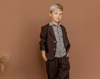 Boys linen jacket with chest pocket, Blazer for kids, Page boy linen blazer, ring bearer brown jacket