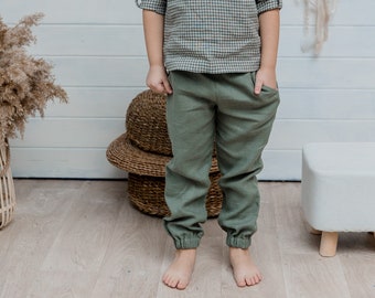 Boy's sage green pants, Sweatpants, Toddler joggers  from linen, Street wear pants