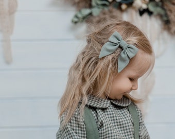 Linen sage green hair bow, M size girl's hair accessories, baby headband