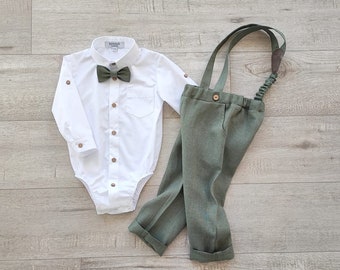 Baby boy sage green outfit, Wedding dress shirt for boy, Baptism gown clothes