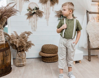 Boys linen beige pants a, classic chino trousers + straps