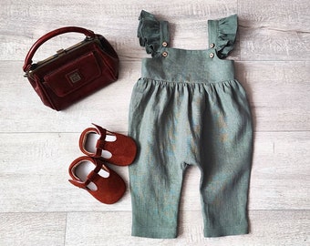 Baby girls sage green overalls a, washed linen ruffle slack