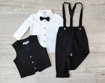 Ensemble costume noir pour bébé garçon, pantalon de baptême à bretelles, gilet, chemise
