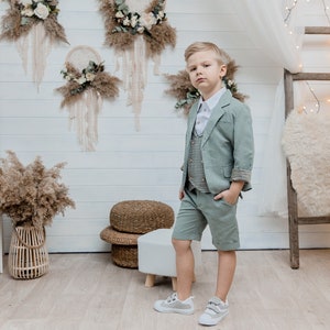 Boys green wedding suit a, green blazer, ring bearer outfit ,plaid vest, shorts