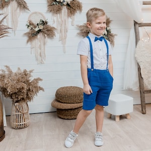 Page Boy Sommer Outfits, Leinen Träger Shorts, koreanisches Hemd, Page Boy Royal Blau Anzug Set