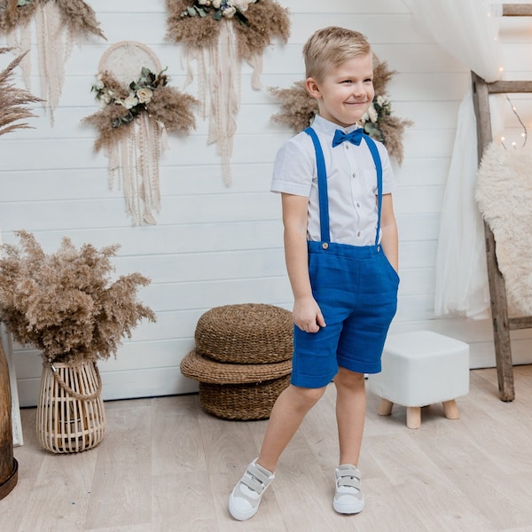 Ensemble court porteur de bague, short de transport en lin, chemise coréenne, ensemble de costume bleu royal Page boy