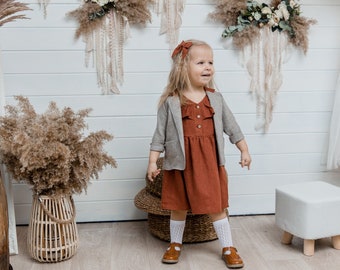 Vestido de lino rústico para niñas, Vestido cuello volante, Vestido niña + cárdigan, Blazer de lino para niñas