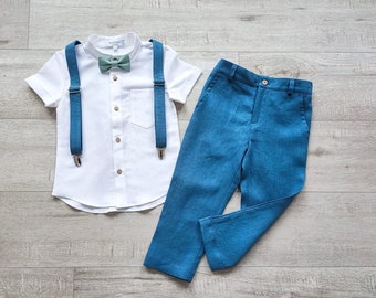 Page boy wedding outfits,  Toddler shirt + pants+ fly + straps, Many colors