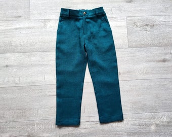 May include: A pair of teal trousers featuring a straight-leg cut, a waistband with belt loops, two side pockets, and a single centered button closure at the front. The fabric has a visible woven texture throughout the entire garment.