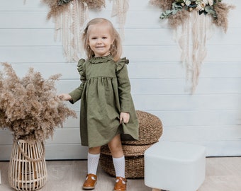 Girl's olive green dress, Collar ruffle dress