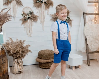 Ensemble court porteur de bague, short de transport en lin, chemise coréenne, ensemble de costume bleu royal Page boy