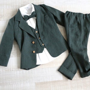 Ring bearer outfit a, suit for baby boy, linen kids clothes, Boys jacket, pants, vest, shirt, bow tie