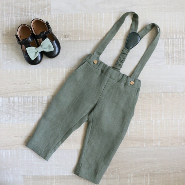 Boys sage green pants,  Toddler carrier trousers + bow tie, Trousers with suspenders