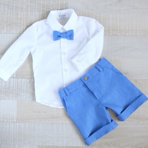 Page boy cornflower short outfit, Short en lin, Tenue de baptême