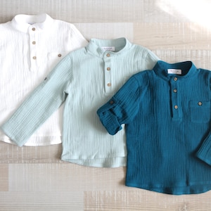 Boy's muslin polo shirt, Henley shirt, Stand-up Collar, White muslin shirt