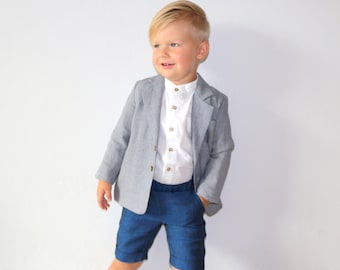 Boys Grey linen blazer, wedding toddler jacket, ring bearer blazer