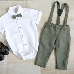 Baby boy olive green suit set, Page boy vest, pants, shirt, Ring bearer suit image 6