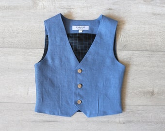 Boy blue vest, Baptism waistcoat, Toddler linen vest with buttons