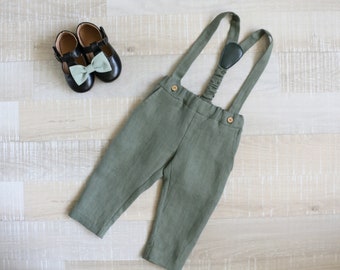Boys sage green pants,  Toddler carrier trousers + bow tie, Trousers with suspenders