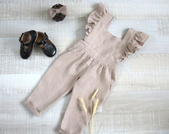 Girls brown ruffle overall, Jumpsuit, Toddler flutter sleeve bodysuit, kids linen long playsuit