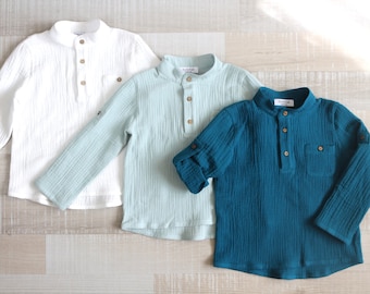 Jungen Musselin-Poloshirt, Henley-Shirt, Stehkragen, weißes Musselin-Shirt