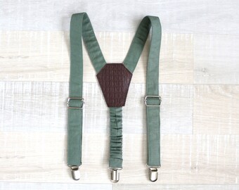 Linen straps, Kids braces, Sage green suspenders for mens