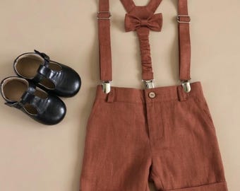 Burnt Rust Toddler Boy Shorts Set: Handmade Suspenders & Bow Tie