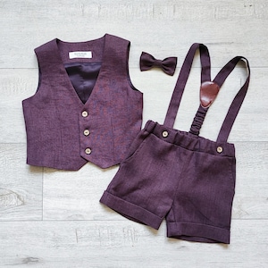 Shorts canguru para bebê + colete infantil + gravata borboleta, shorts pajem, colete, conjunto de terno infantil na cor ameixa