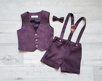 Baby linen carrier shorts+ toddler vest + bow tie,Page boy shorts, vest, Kids suit set in plum color