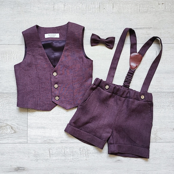 Baby linen carrier shorts+ toddler vest + bow tie,Page boy shorts, vest, Kids suit set in plum color