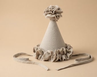baby beige Linen Birthday party Cone Hats, Ruffle pom pom hats, Handmade mini hats