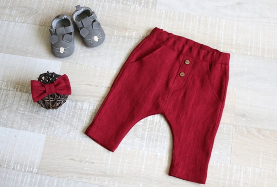 Baby girls burgundy baggy pants Kids trousers Infant linen | Etsy