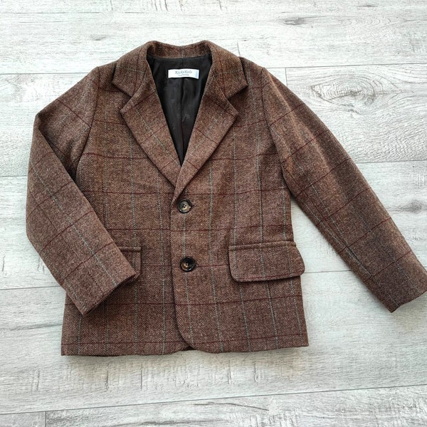 Ring bearer brown jacket, Plaid wool blazer, Vintage brown blazer